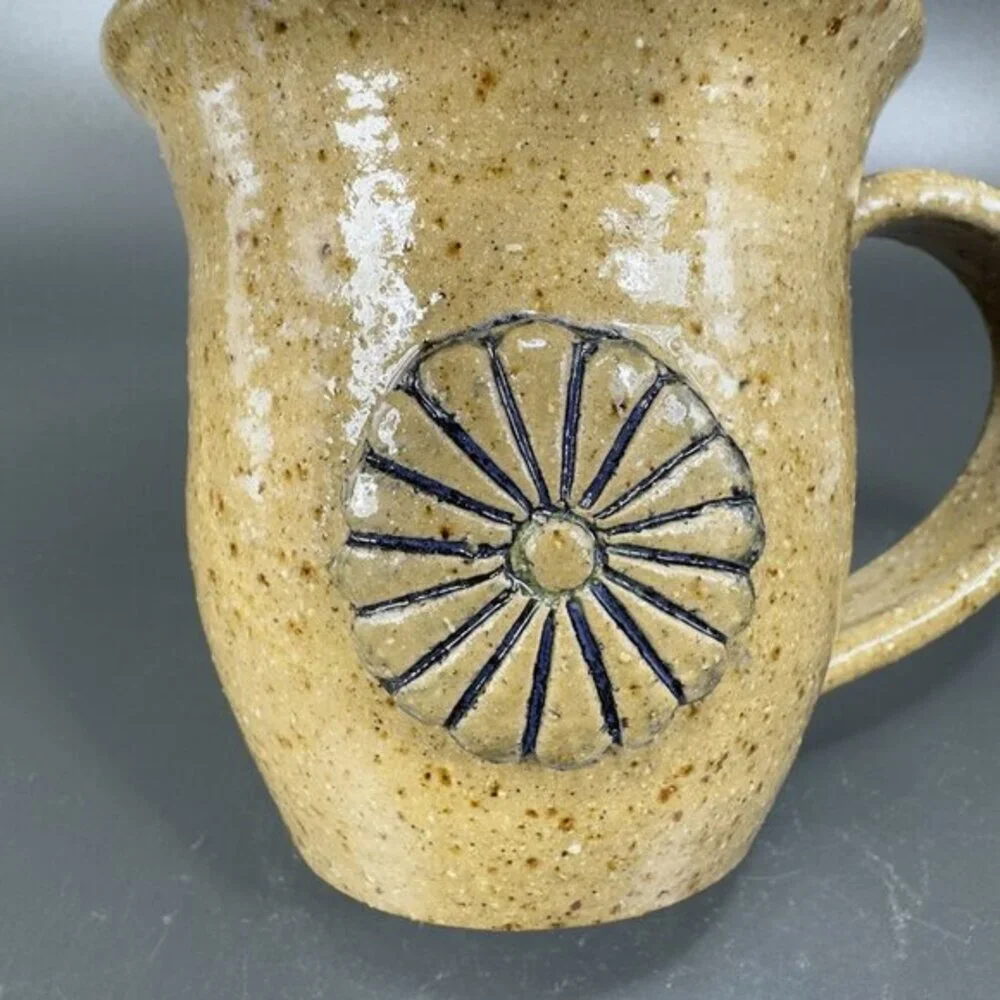 Hand Made Pottery Coffee Mug Cup Stoneware Artist Signed Raised Flower Brown VTG